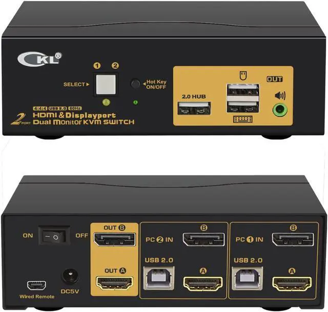 Main image of 2 Port Dual Monitor KVM Switch HDMI + DisplayPort 4K 60Hz YUV 4:4:4 with Audio and USB 2.0 HUB CKL-622DH
