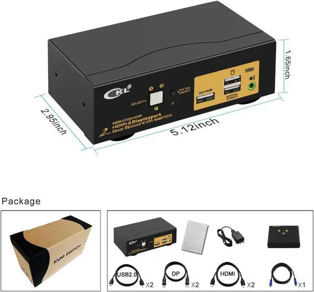 Alt view image 7 of 7 - 2 Port Dual Monitor KVM Switch HDMI + DisplayPort 4K 60Hz YUV 4:4:4 with Audio and USB 2.0 HUB CKL-622DH