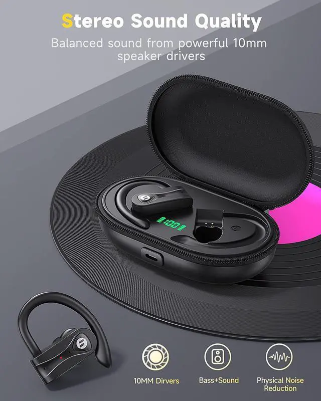 Alt view image 5 of 6 - Bluetooth Headphones Noise Canceling 4 Mics Clear Call Stereo Bass Sound 60H Playtime Wireless Charging Case Over Ear Earphones LED Digital Display Headset with Earhooks for Sports Running Workout Gym