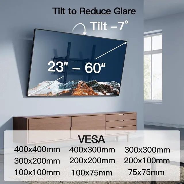 Alt view image 5 of 6 - Tilting TV Wall Mount Bracket Low Profile for Most 23-60 inch LED LCD OLED, Plasma Flat Screen TVs with VESA 400x400mm Weight up to 115lbs, Fits 16" Wood Stud