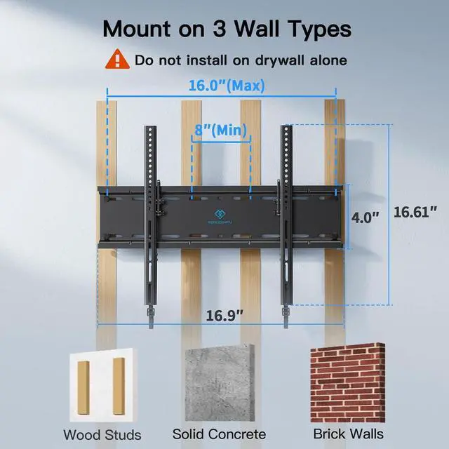 Alt view image 6 of 6 - Tilting TV Wall Mount Bracket Low Profile for Most 23-60 inch LED LCD OLED, Plasma Flat Screen TVs with VESA 400x400mm Weight up to 115lbs, Fits 16" Wood Stud