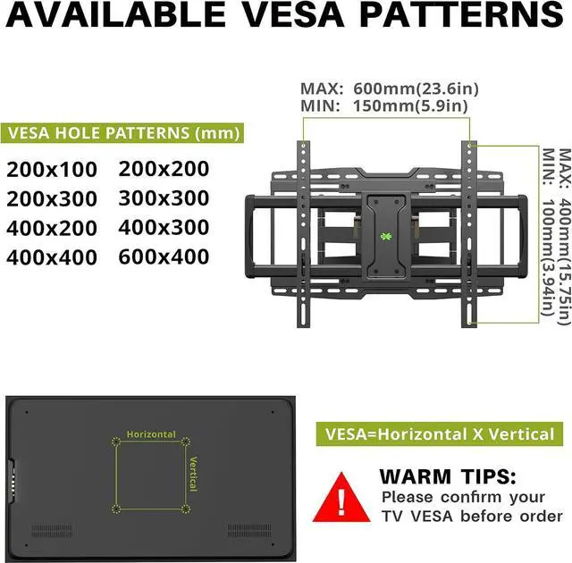 Alt view image 6 of 7 - Full Motion TV Wall Mount Bracket fits for 32-90" TVs Holds up to 150lbs with Sliding Design for TV Centering, Swivel, Tilt, Max VESA 600x400mm, Arms for 16", 18", 24" Studs