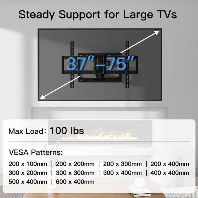 Alt view image 2 of 6 - Full Motion TV Wall Mount for 37-75 inch Flat/Curved TVs, Wall Mount TV Bracket Swivel and Tilt, TV Mount Fits 8/12/16" Wood Stud with Loading Capacity up to 100lb, Max VESA 600x400mm, PILF3