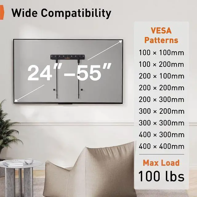 Alt view image 3 of 5 - Studless TV Wall Mount for Most 24-55 Inch TVs up to 100 lbs, Heavy-Duty No Drill TV Mount, Drywall TV Bracket with Max VESA 400x400mm, No Stud, Easy Install, Low Profile, PGMT7