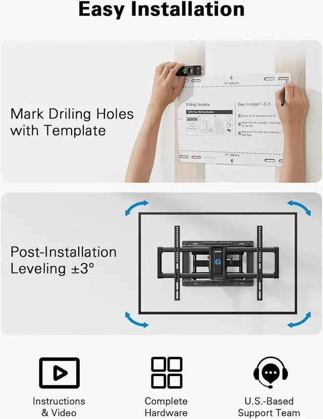 Alt view image 7 of 7 - Full Motion TV Wall Mount for 4082 inch Flat or Curved TVs Smooth Swivel & Extension Tool-Free Tilt with Heavy-Duty Arms Max VESA 600x400mm up to 110 lbs Fits 12/16 Wood Studs PILF11