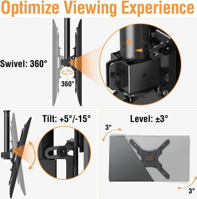 Alt view image 4 of 7 - Ceiling TV Mount Fits Most 26-65 Inch LED, LCD OLED Flat Screen TVs, Full Motion Height Adjustable TV Mount Bracket, Swivel and Tilt TV Bracket, Max VESA 400x400mm, Holds up to 99 lbs.
