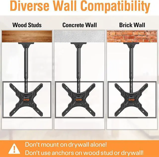 Alt view image 6 of 7 - Ceiling TV Mount Fits Most 26-65 Inch LED, LCD OLED Flat Screen TVs, Full Motion Height Adjustable TV Mount Bracket, Swivel and Tilt TV Bracket, Max VESA 400x400mm, Holds up to 99 lbs.