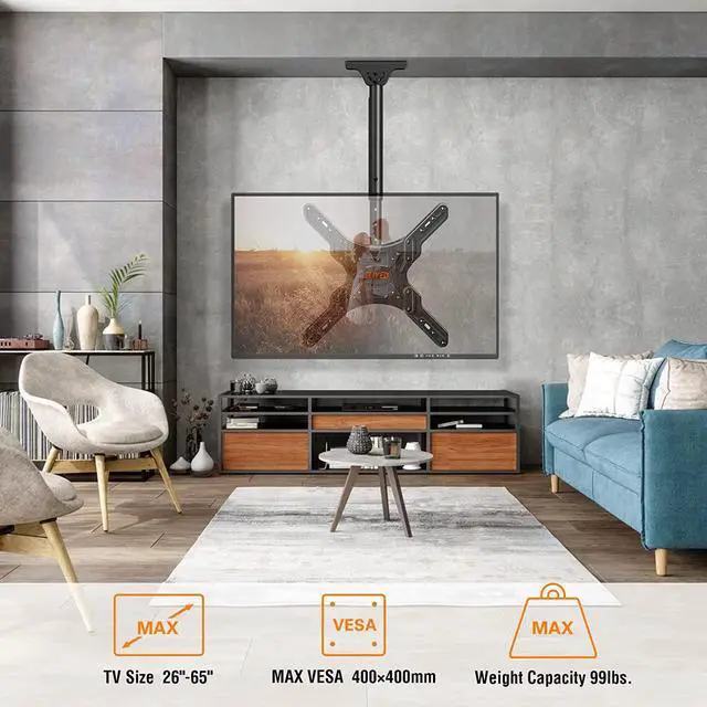 Alt view image 7 of 7 - Ceiling TV Mount Fits Most 26-65 Inch LED, LCD OLED Flat Screen TVs, Full Motion Height Adjustable TV Mount Bracket, Swivel and Tilt TV Bracket, Max VESA 400x400mm, Holds up to 99 lbs.