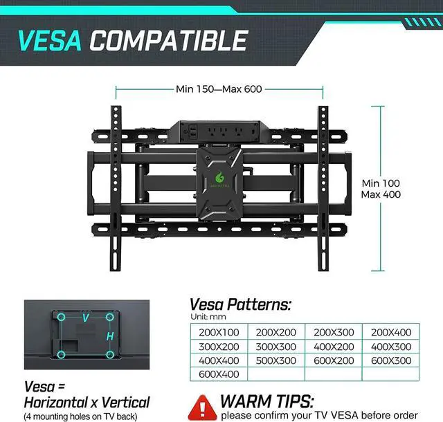 Alt view image 6 of 7 - Greenstell TV Mount with Power Outlet, Full Motion Wall Mount for 47"-84" TVs, Swivel, Tilt and Extension Bracket with Dual Articulating Arms, Max VESA 600x400mm, Holds up to 132lbs
