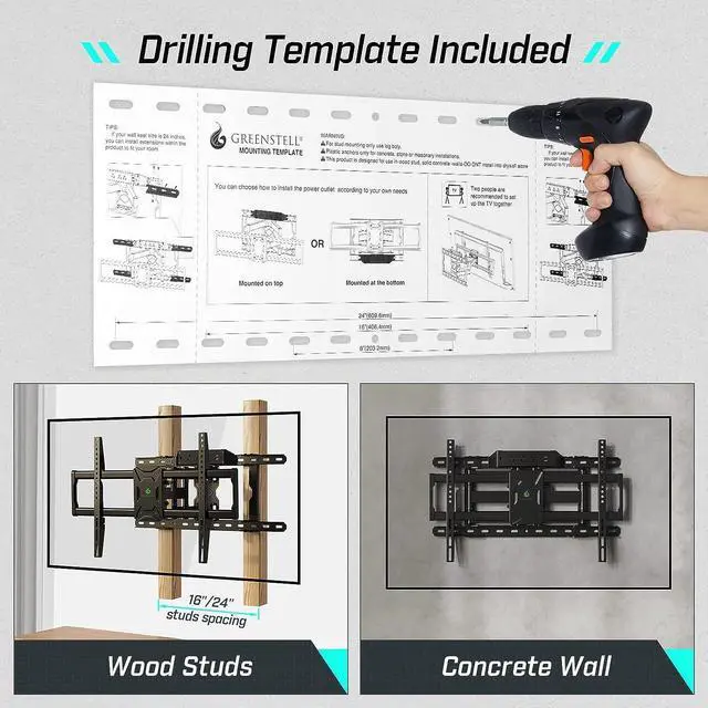Alt view image 7 of 7 - Greenstell TV Mount with Power Outlet, Full Motion Wall Mount for 47"-84" TVs, Swivel, Tilt and Extension Bracket with Dual Articulating Arms, Max VESA 600x400mm, Holds up to 132lbs