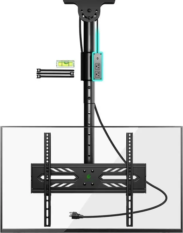 Main image of Greenstell Ceiling TV Mount with Power Outlet, TV Mount for 26-65 inch TVs, TV Ceiling Mount with 900J Surge Protection, Swivel, Tilt and 6 Height Adjustable, Max VESA 400x400mm, Holds up to 110Lbs