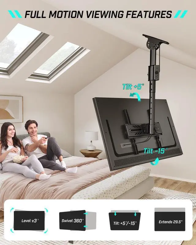 Alt view image 4 of 7 - Greenstell Ceiling TV Mount with Power Outlet, TV Mount for 26-65 inch TVs, TV Ceiling Mount with 900J Surge Protection, Swivel, Tilt and 6 Height Adjustable, Max VESA 400x400mm, Holds up to 110Lbs