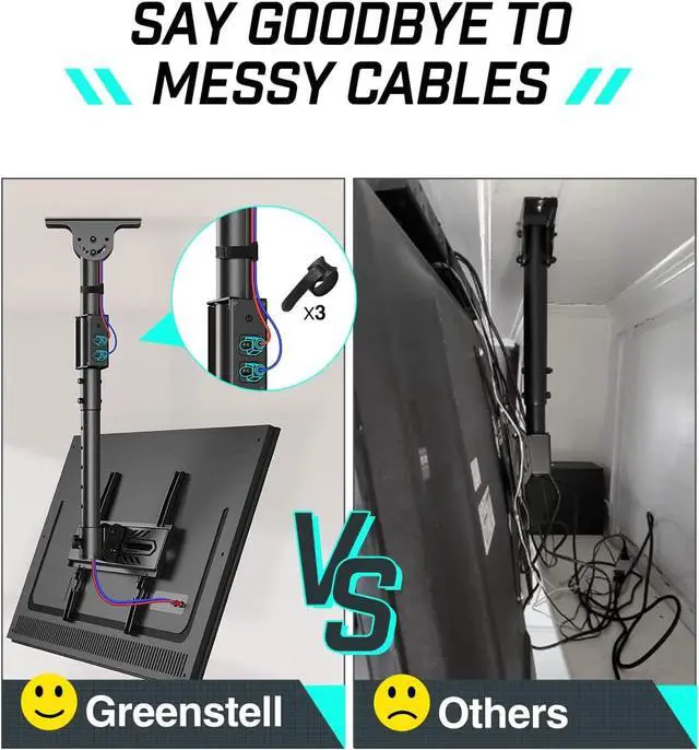 Alt view image 3 of 7 - Greenstell Ceiling TV Mount with Power Outlet, TV Mount for 26-65 inch TVs, TV Ceiling Mount with 900J Surge Protection, Swivel, Tilt and 6 Height Adjustable, Max VESA 400x400mm, Holds up to 110Lbs