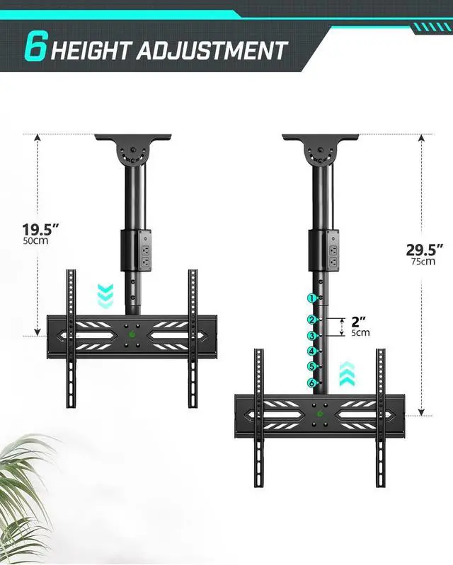 Alt view image 5 of 7 - Greenstell Ceiling TV Mount with Power Outlet, TV Mount for 26-65 inch TVs, TV Ceiling Mount with 900J Surge Protection, Swivel, Tilt and 6 Height Adjustable, Max VESA 400x400mm, Holds up to 110Lbs