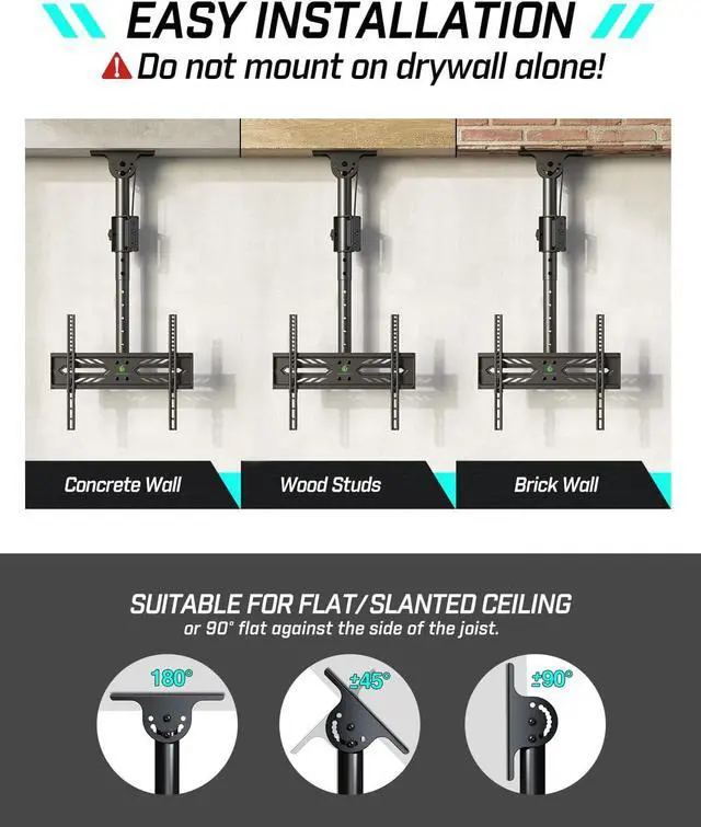 Alt view image 7 of 7 - Greenstell Ceiling TV Mount with Power Outlet, TV Mount for 26-65 inch TVs, TV Ceiling Mount with 900J Surge Protection, Swivel, Tilt and 6 Height Adjustable, Max VESA 400x400mm, Holds up to 110Lbs