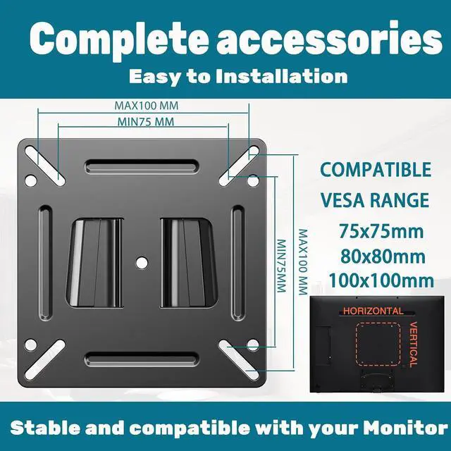 Alt view image 2 of 7 - TETVIK Monitor Wall Mount Most 14-24 TVs Computer Universal Low Profile RV TV Wall Mount VESA Up to 100x100mm Max Weight 30lbs Fits 15 19 20 22 23 Inch Camper Small Monitor Mount Bracket