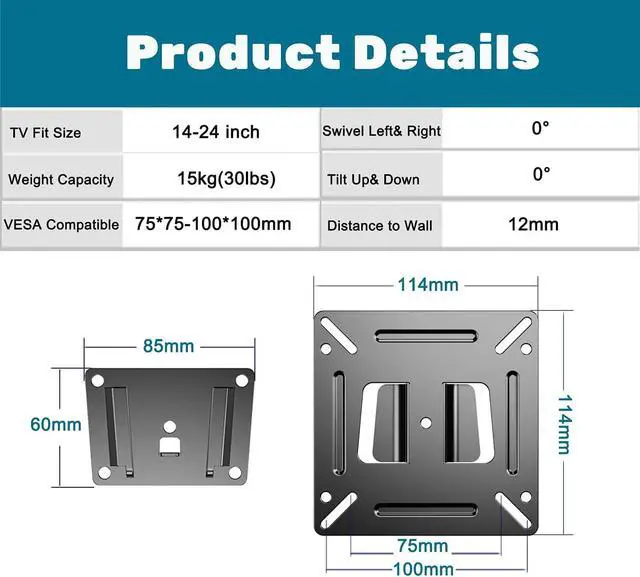 Alt view image 6 of 7 - TETVIK Monitor Wall Mount Most 14-24 TVs Computer Universal Low Profile RV TV Wall Mount VESA Up to 100x100mm Max Weight 30lbs Fits 15 19 20 22 23 Inch Camper Small Monitor Mount Bracket