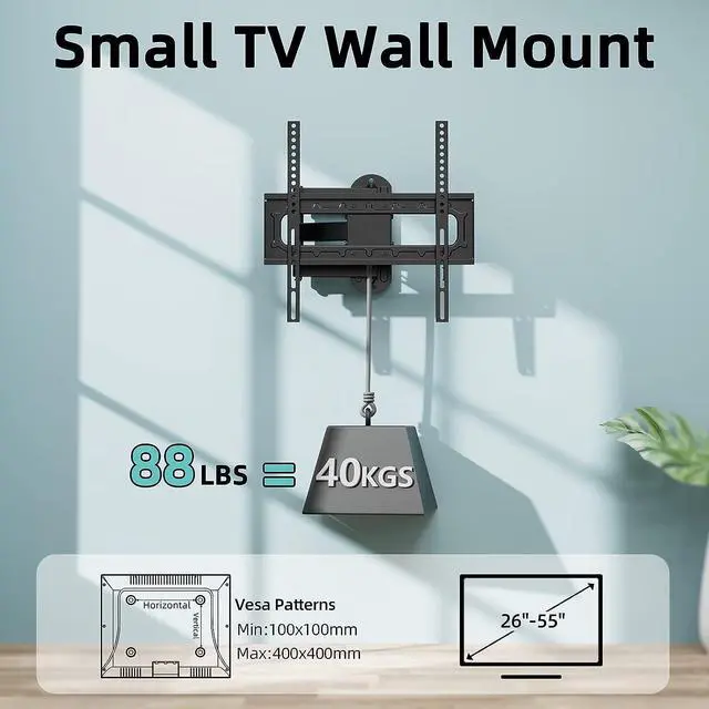 Alt view image 5 of 6 - HCMOUNTING Swivel and Tilt TV Wall Mount for 26-55 inch Flat Screen Curved TVs, Full Motion Wall Mount TV Bracket with Single Stud Level Adjustment VESA 400x400mm Holds up to 88lbs