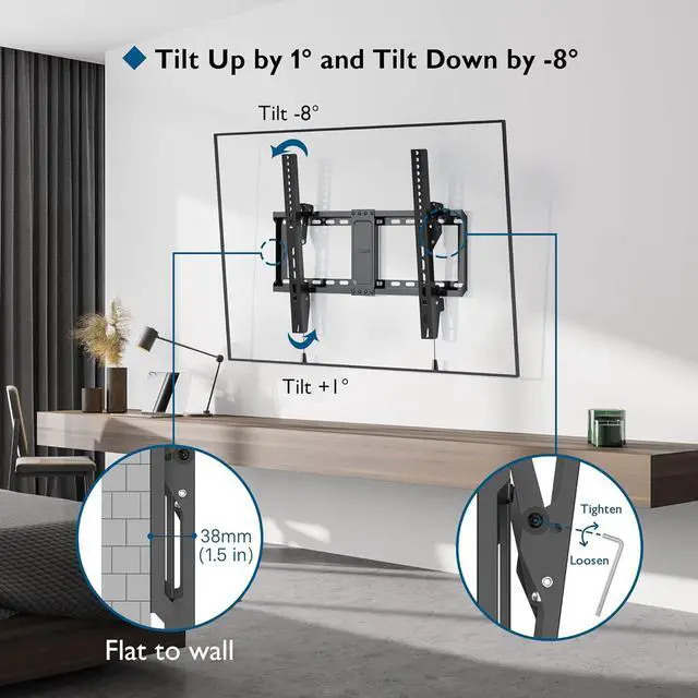 Alt view image 2 of 7 - BONTEC Tilt TV Wall Mount for Most 37-85 Inch LED LCD OLED Flat Curved Screen TVs Fits 16" 18" 24" Wood Stud, Low Profile TV Wall Bracket with Max. VESA 600x400mm, Hold Up to 132LBS