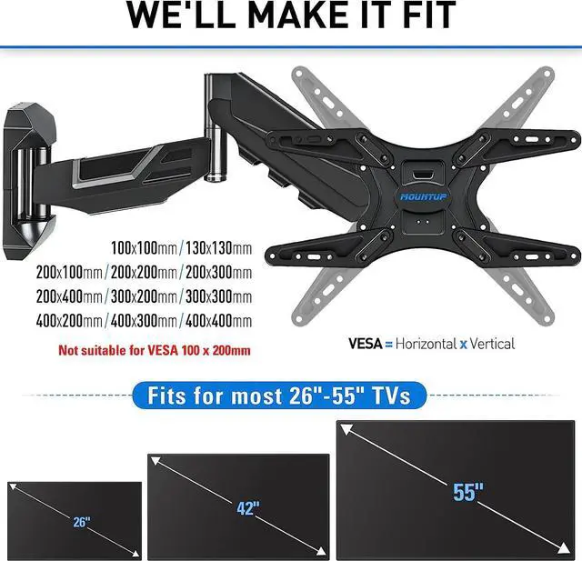 Alt view image 3 of 7 - MOUNTUP Height Adjustable TV Wall Mount, TV Mount for Most 26-55 Inch TVs, Gas Spring Full Motion TV Wall Mount Bracket, Swivel Tilt Single Articulating Arm, Fits Max VESA 400x400mm, 11-44lbs MU0037