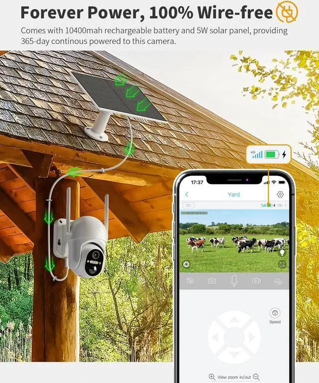 Alt view image 4 of 7 - Ebitcam 4G LTE Cellular Security Camera Includes Memory Card & SIM Card(Support Verizon/AT&T/T-Mobile), 2K Solar Outdoor Cam Wireless Without WiFi Needed, 360° Live View, Color Night Vision