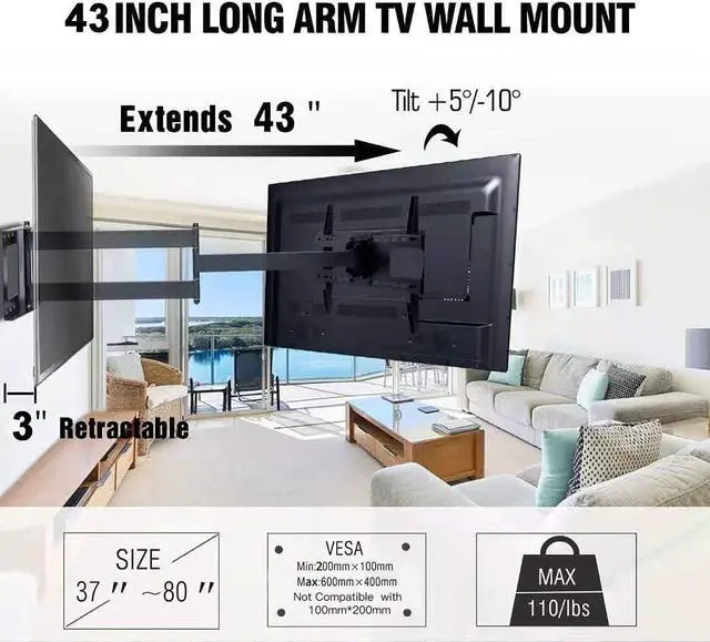 Alt view image 2 of 7 - FORGING Long [Arm Full Motion [Wall] Mount Articulating TV] Bracket with 43 inch Extension , Fits 42 to 80 Inch Flat/Curve [TV]s Holds up to 100 lbs,VESA 600x400mm Compatible