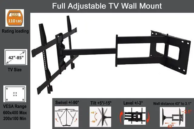 Alt view image 3 of 7 - FORGING Long [Arm Full Motion [Wall] Mount Articulating TV] Bracket with 43 inch Extension , Fits 42 to 80 Inch Flat/Curve [TV]s Holds up to 100 lbs,VESA 600x400mm Compatible