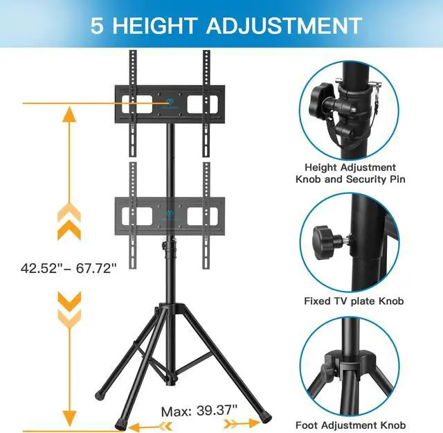 Alt view image 3 of 7 - TV Tripod Stand-Portable TV Stand for 23-60 Inch LED LCD OLED Flat Screen TVs-Height Adjustable Display Floor TV Stand with VESA 400x400mm, Holds up to 88lbs PSTM1
