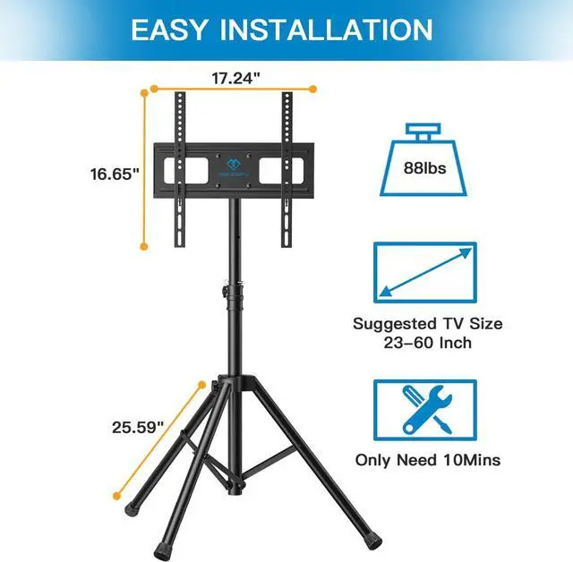 Alt view image 5 of 7 - TV Tripod Stand-Portable TV Stand for 23-60 Inch LED LCD OLED Flat Screen TVs-Height Adjustable Display Floor TV Stand with VESA 400x400mm, Holds up to 88lbs PSTM1
