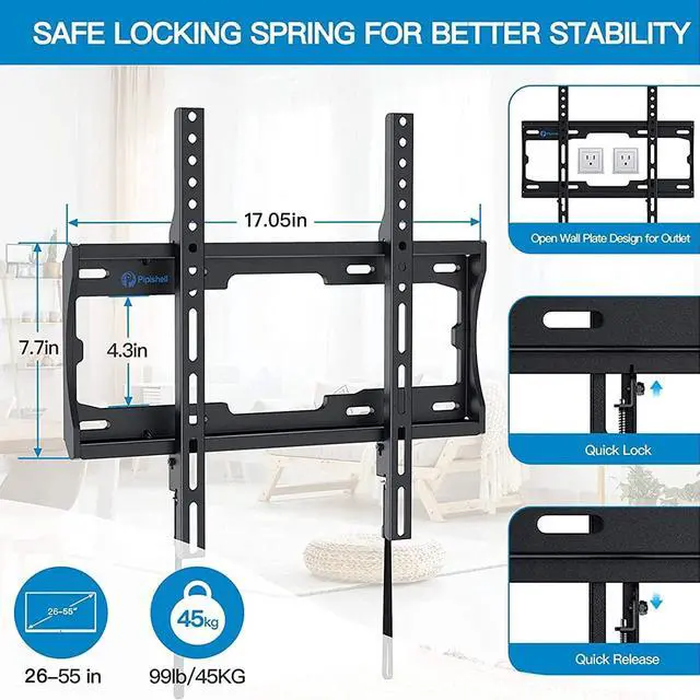 Alt view image 4 of 7 - Pipishell Fixed TV Wall Mount Bracket Low Profile for 26-55 Inch LED, LCD, OLED, 4K Flat Curved Screen TVs, Ultra Slim Mounting Bracket, Max VESA 400x400mm up to 99 lbs, Fits 16" Wood Studs
