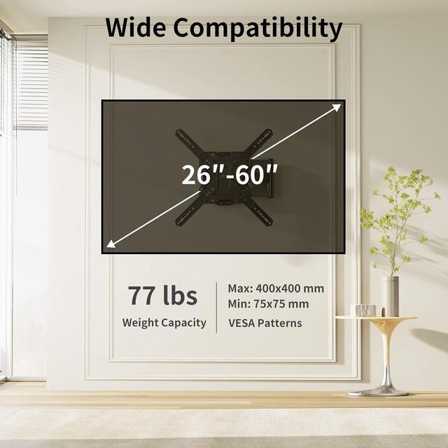 Alt view image 3 of 7 - TV Wall Mount for Most 26-60 inch Flat/Curved TVs up to 77lbs, Full Motion Wall Mount TV Braket with Articulating arm Swivel Tilt Extension, Single Stud Corner TV Monitor Mount Max VESA 400x400mm