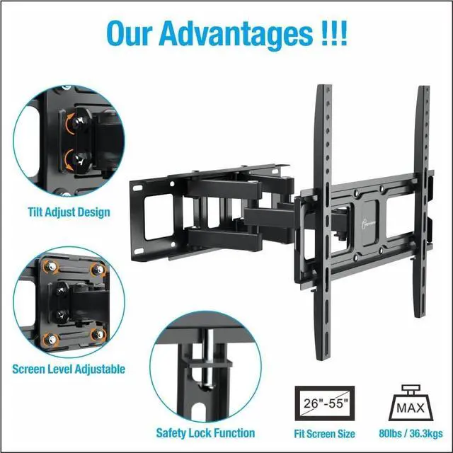 Alt view image 2 of 6 - Dual Articulating Arms TV Wall Mount Bracket fits to Most 26-65 inch LED,LCD,OLED Flat Panel TVs, Tilt Full Motion Swivel 14.1" Extension, Max VESA 400X400mm,80lbs,Fits 12/16" Wood Stud