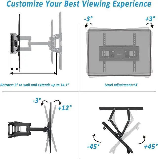 Alt view image 4 of 6 - Dual Articulating Arms TV Wall Mount Bracket fits to Most 26-65 inch LED,LCD,OLED Flat Panel TVs, Tilt Full Motion Swivel 14.1" Extension, Max VESA 400X400mm,80lbs,Fits 12/16" Wood Stud