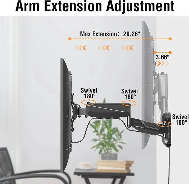 Alt view image 5 of 7 - Height Adjustable TV Wall Mount for Most 23-55 Inch TVs, Spring Arm Full Motion Swivel Tilt Articulating TV Mount Bracket, Max VESA 400x400mm, Support 11-44 lbs, YD1010