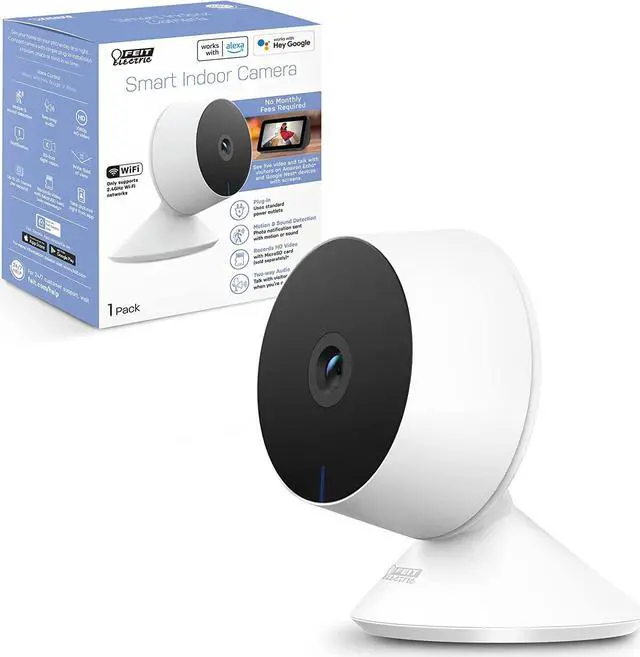 Alt view image 2 of 7 - Feit Electric Indoor Security Camera with Motion Detection, 30ft. Night Vision, 360° Adjustable Head, 2.4GHz WiFi, 2-Way Audio, 1080p HD, Works with Alexa & Google Asst, Plug-in, White - CAM1/WIFI