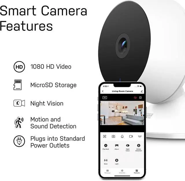 Alt view image 3 of 7 - Feit Electric Indoor Security Camera with Motion Detection, 30ft. Night Vision, 360° Adjustable Head, 2.4GHz WiFi, 2-Way Audio, 1080p HD, Works with Alexa & Google Asst, Plug-in, White - CAM1/WIFI