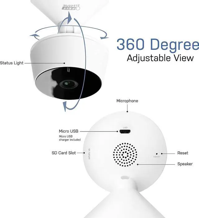 Alt view image 6 of 7 - Feit Electric Indoor Security Camera with Motion Detection, 30ft. Night Vision, 360° Adjustable Head, 2.4GHz WiFi, 2-Way Audio, 1080p HD, Works with Alexa & Google Asst, Plug-in, White - CAM1/WIFI