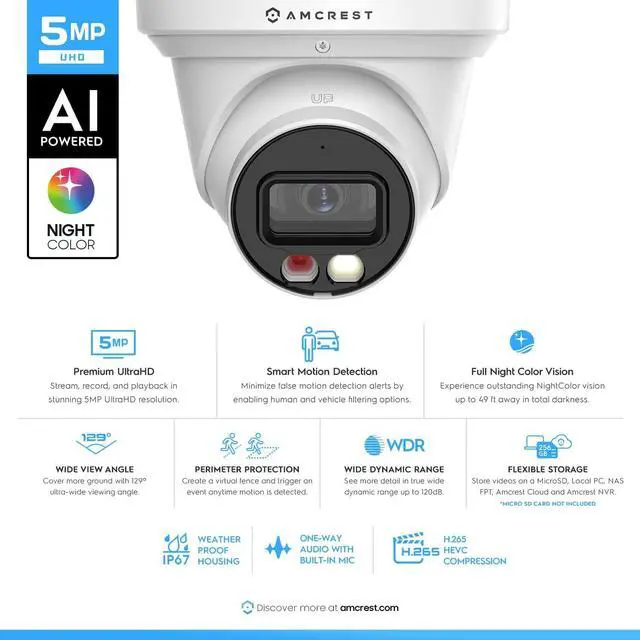 Alt view image 2 of 7 - Amcrest 5MP AI Turret IP PoE Camera w/ 49ft Nightvision, Security IP Camera Outdoor, Built-in Microphone, Human & Vehicle Detection, Active Deterrent, 129° FOV, 5MP@20fps IP5M-T1277EW-AI