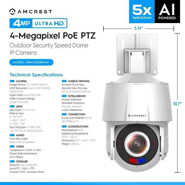 Alt view image 8 of 9 - amcrest 4mp outdoor ptz poe ai ip camera pan tilt zoom security speed dome, human detection, 98ft night vision, tripwire & intrusion, poe (802.3at) ip4m-s2112ew-ai