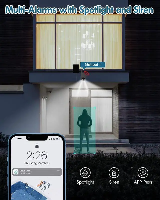 Alt view image 6 of 7 - Recacam Solar Security Cameras Wireless Outdoor, 2K 355° PTZ Outdoor Camera Wireless, 2.4G Wi-Fi Cameras for Home Security with PIR, 2-Way Talk, IP65, 4dbi, Spotlight/Siren, Color Night Vision