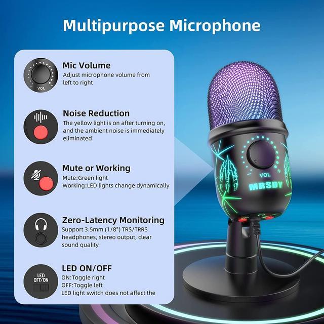 MRSDY USB Gaming Condenser Microphone, Plug & Play, Podcast Mic, Mute  Button for Streaming, Recording, Volume Gain, Monitor, Noise Reduction,  Online