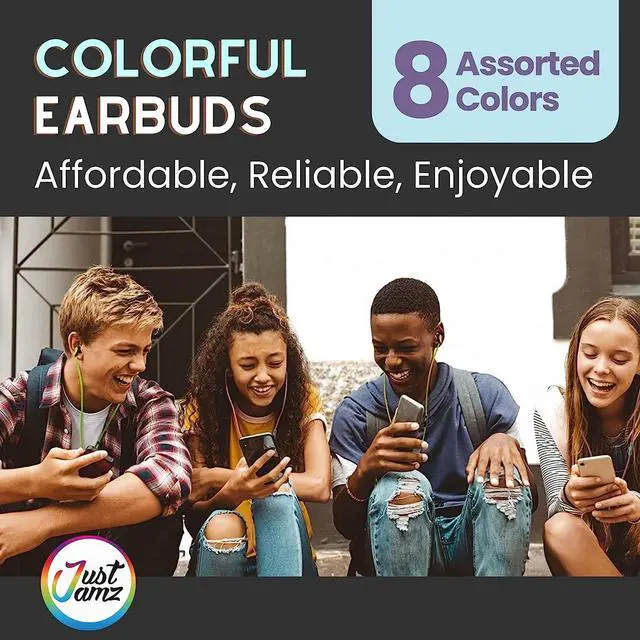 Alt view image 2 of 7 - JustJamz 100 Pack Multi-Colored In-Ear Earbuds, Wired, Comfortable Silicone Tips, Ideal for Schools & Kids, 3.5mm Jack, 100 Count