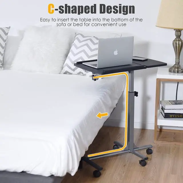 Alt view image 3 of 7 - Overbed Laptop Desk, Mobile Laptop Stand with Tilting Tabletop, Rolling Height Adjustable Bedside Table with Mouse Pad Cup Holder