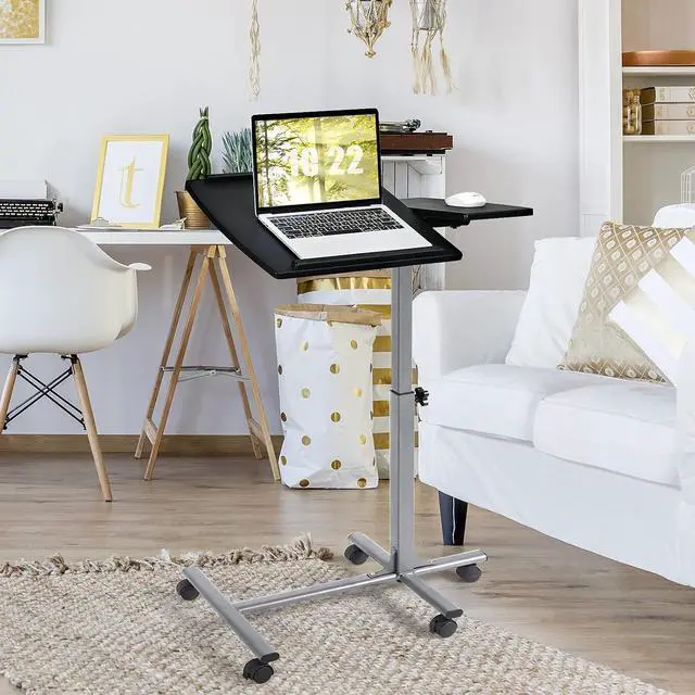 Alt view image 2 of 7 - Overbed Laptop Desk, Mobile Laptop Stand with Tilting Tabletop, Rolling Height Adjustable Bedside Table with Mouse Pad Cup Holder