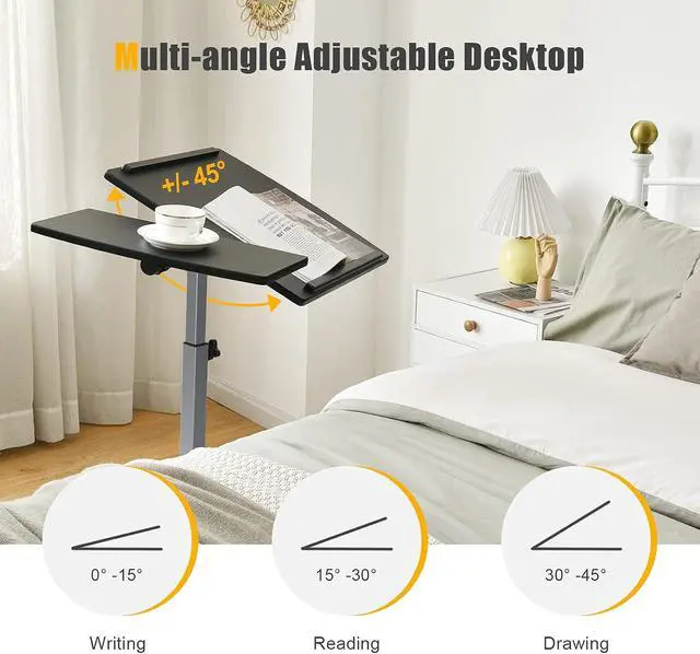 Alt view image 4 of 7 - Overbed Laptop Desk, Mobile Laptop Stand with Tilting Tabletop, Rolling Height Adjustable Bedside Table with Mouse Pad Cup Holder