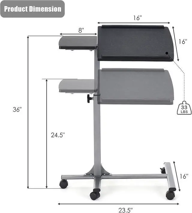 Alt view image 5 of 7 - Overbed Laptop Desk, Mobile Laptop Stand with Tilting Tabletop, Rolling Height Adjustable Bedside Table with Mouse Pad Cup Holder