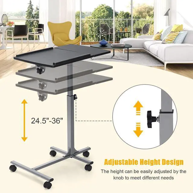 Alt view image 6 of 7 - Overbed Laptop Desk, Mobile Laptop Stand with Tilting Tabletop, Rolling Height Adjustable Bedside Table with Mouse Pad Cup Holder