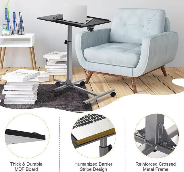 Alt view image 7 of 7 - Overbed Laptop Desk, Mobile Laptop Stand with Tilting Tabletop, Rolling Height Adjustable Bedside Table with Mouse Pad Cup Holder