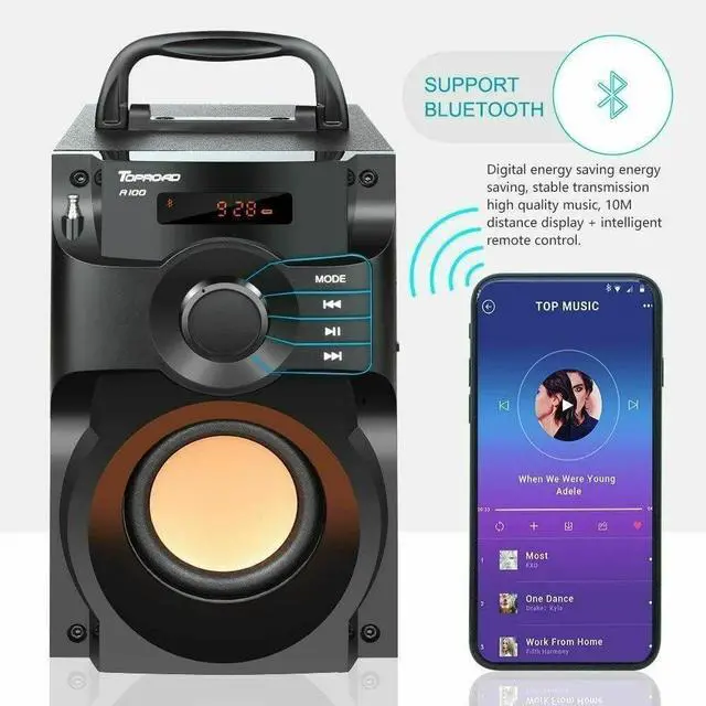 Alt view image 3 of 6 - Hengwei Portable Bluetooth Speaker 10W Subwoofer Heavy Bass Wireless Outdoor Speaker MP3 Player Line in Speakers Support Remote Control FM Radio TF Card LCD Display for Home Party Phone Computer PC