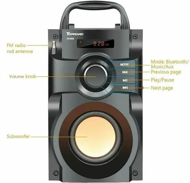 Alt view image 4 of 6 - Hengwei Portable Bluetooth Speaker 10W Subwoofer Heavy Bass Wireless Outdoor Speaker MP3 Player Line in Speakers Support Remote Control FM Radio TF Card LCD Display for Home Party Phone Computer PC